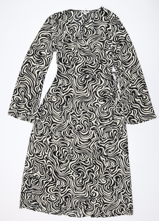 H&M Womens Ivory Geometric Polyester Wrap Dress Size M V-Neck Tie