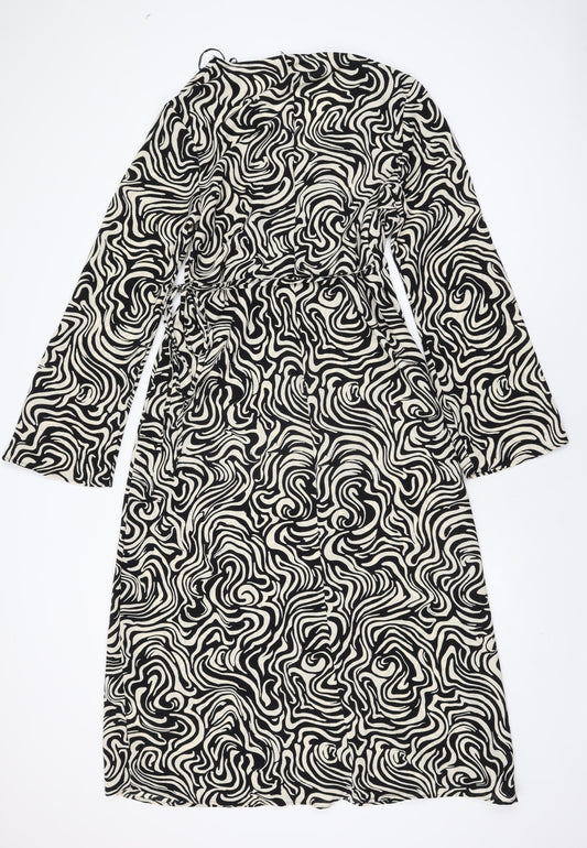 H&M Womens Ivory Geometric Polyester Wrap Dress Size M V-Neck Tie