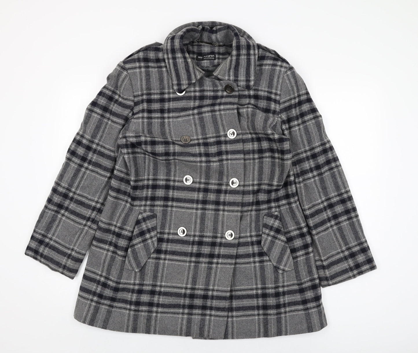 Autograph Womens Grey Plaid Overcoat Coat Size 14 Button