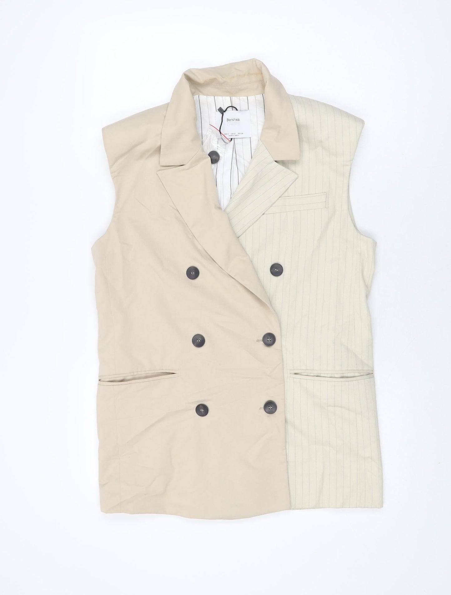 Bershka Womens Beige Striped Viscose Basic Button-Up Size S Collared