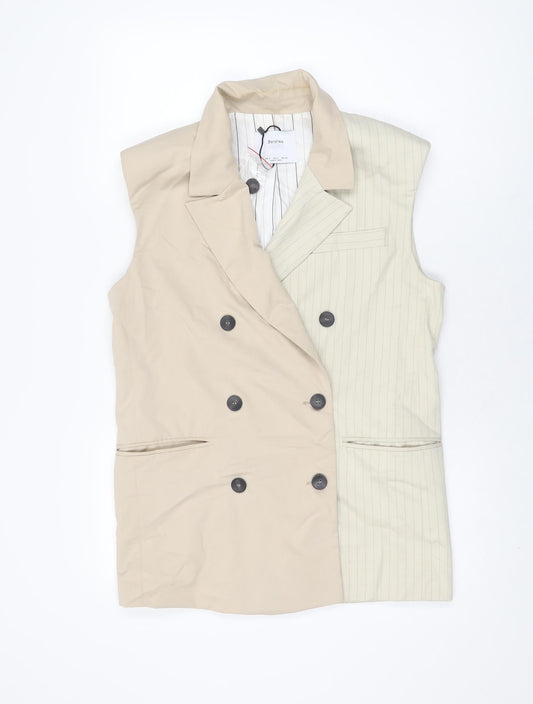 Bershka Womens Beige Striped Viscose Basic Button-Up Size S Collared
