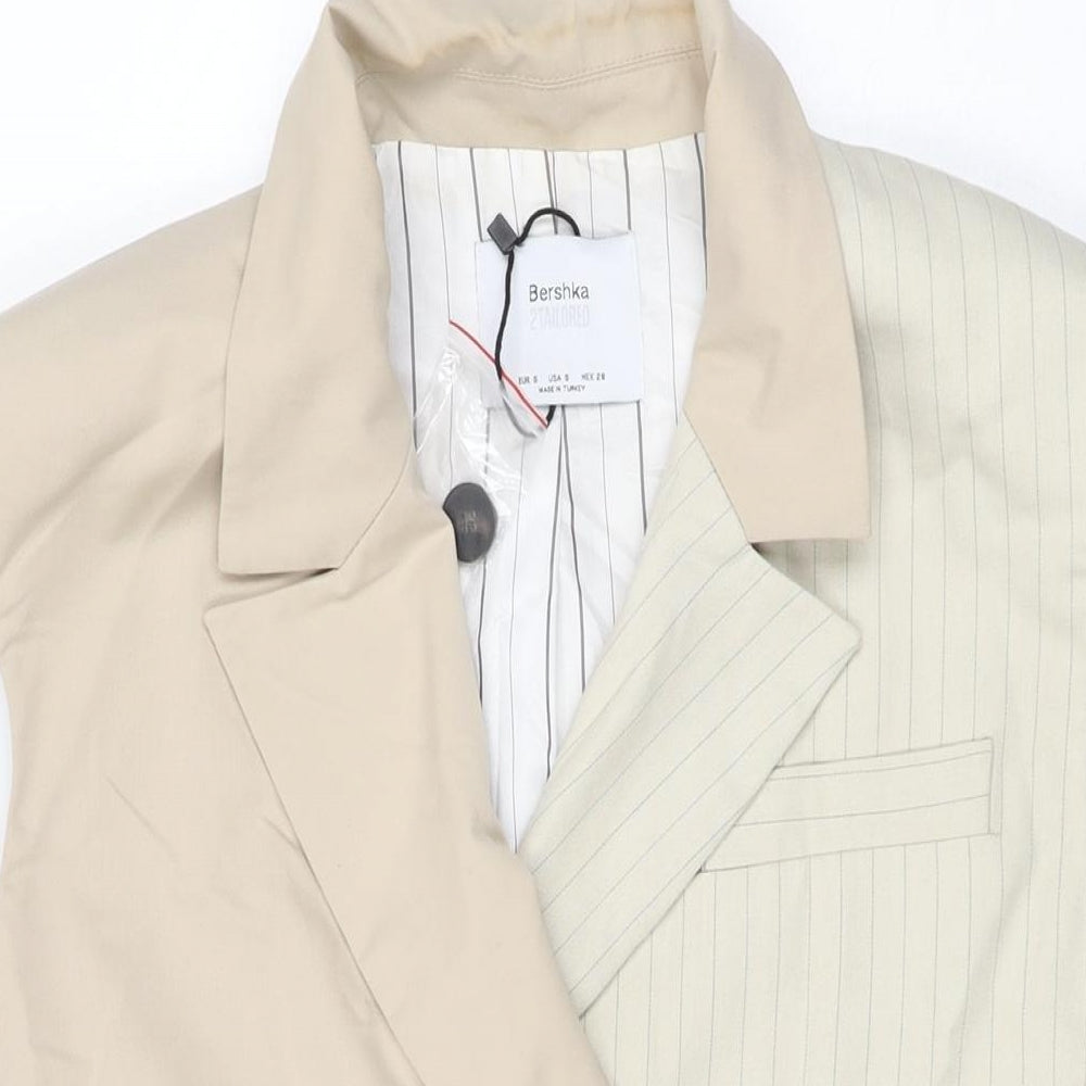 Bershka Womens Beige Striped Viscose Basic Button-Up Size S Collared