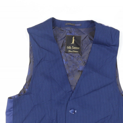 6th Sense Mens Blue Striped Polyester Jacket Suit Waistcoat Size 36 Regular