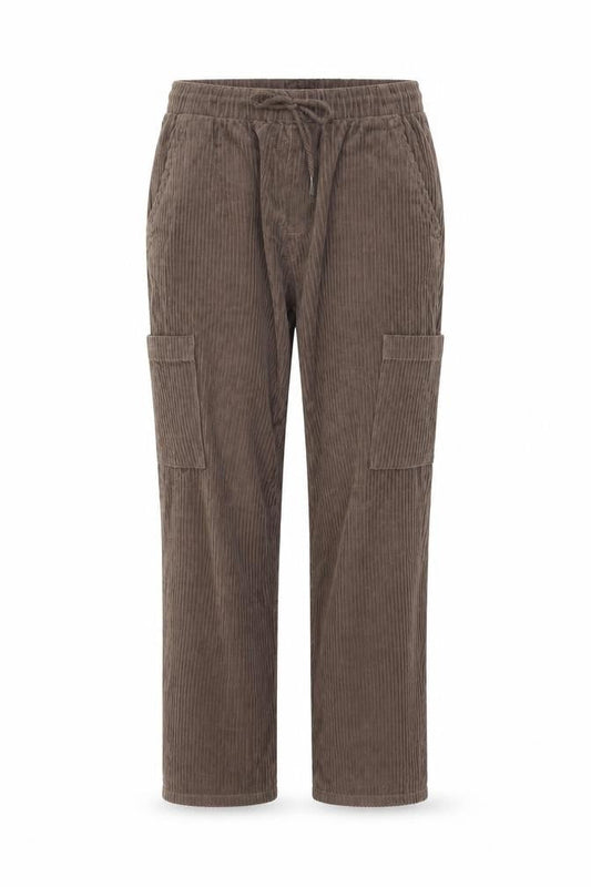 Front view of ASOS women’s brown cotton trousers, size S, 28-inch leg regular drawstring