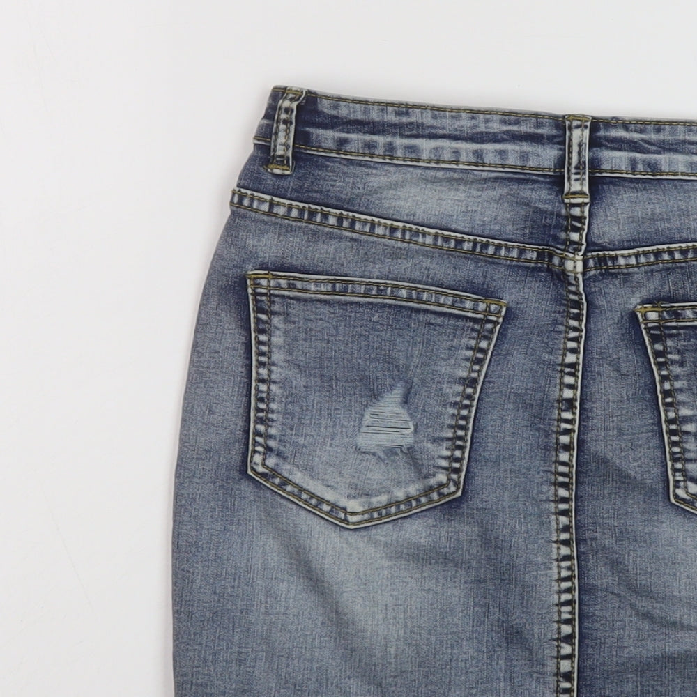 MOMOKROM Womens Blue Cotton Mini Skirt Size 8 Button - Vintage