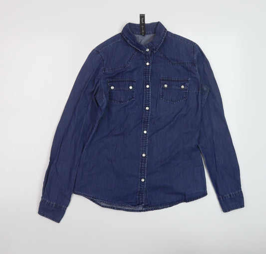 Denim & Co. Womens Blue Cotton Basic Button-Up Size 8 Collared