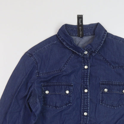Denim & Co. Womens Blue Cotton Basic Button-Up Size 8 Collared