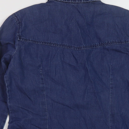 Denim & Co. Womens Blue Cotton Basic Button-Up Size 8 Collared