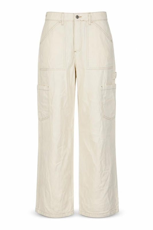 Front view of Denim & Co. women’s beige cotton wide-leg jeans, size UK 10, 31-inch leg regular button