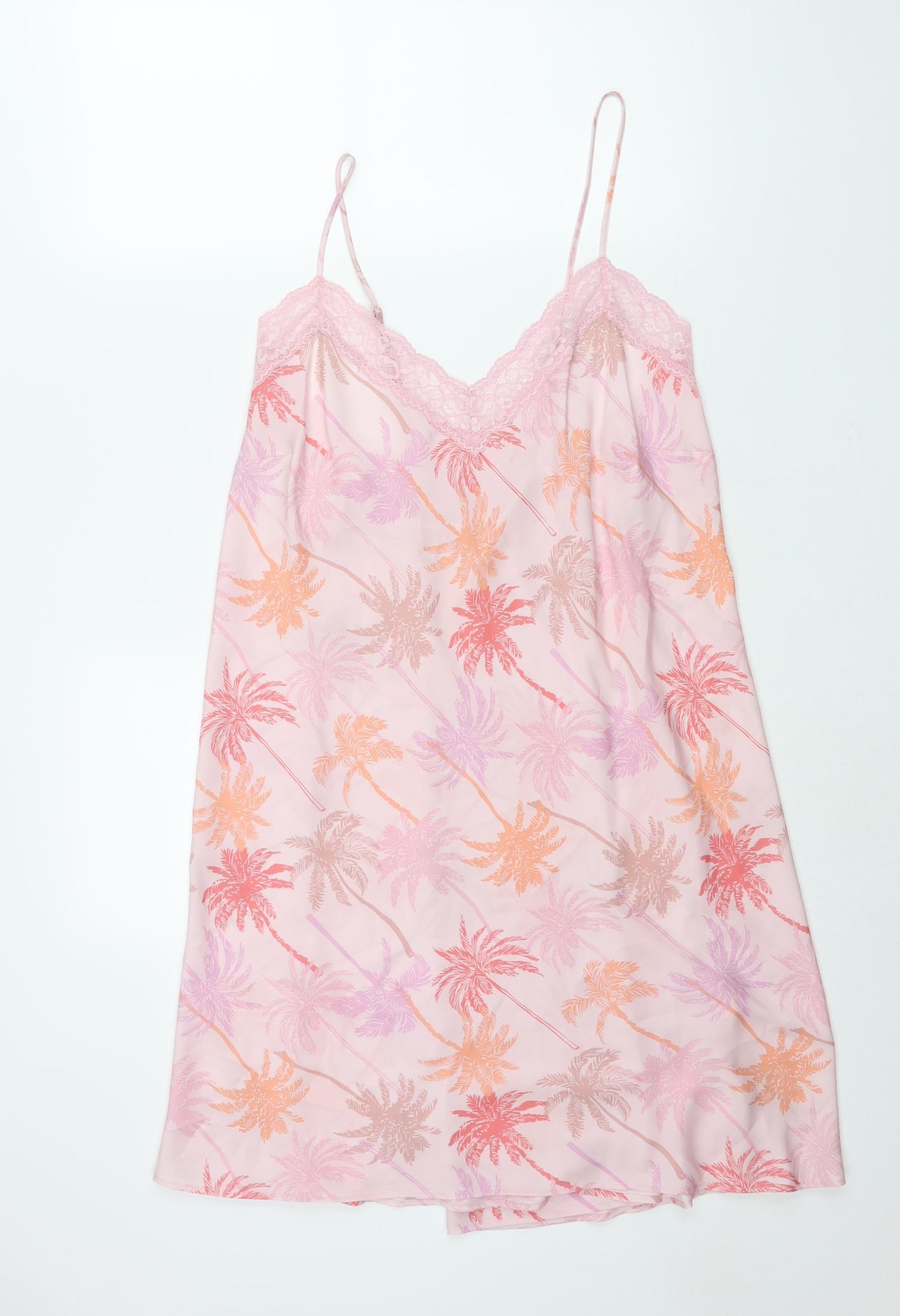 Marks and Spencer Womens Pink Geometric Polyester Cami Dress Size 36 - Lace Trim Palm Tree Print