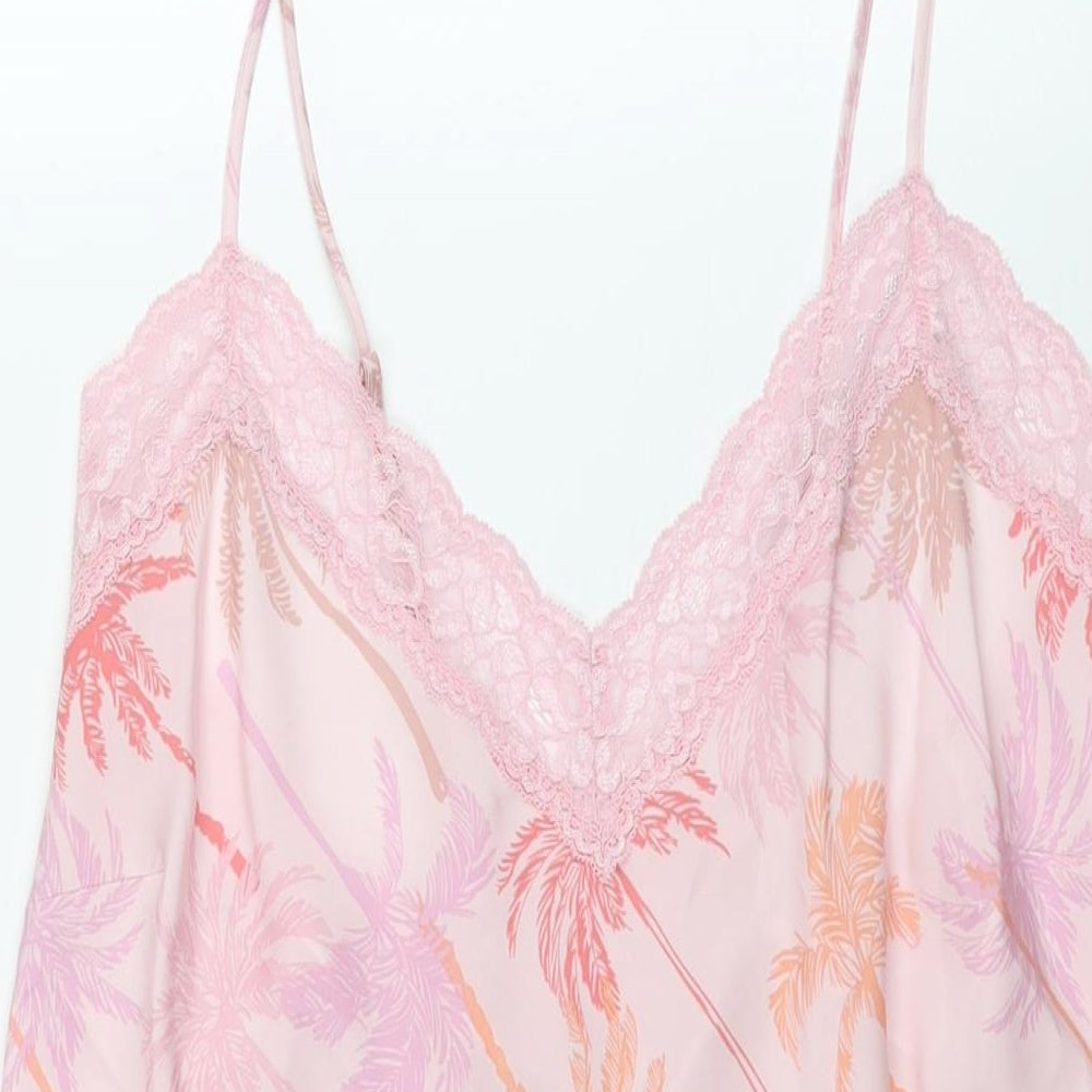 Marks and Spencer Womens Pink Geometric Polyester Cami Dress Size 36 - Lace Trim Palm Tree Print