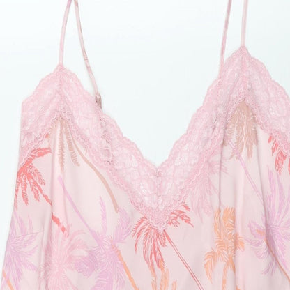 Marks and Spencer Womens Pink Geometric Polyester Cami Dress Size 36 - Lace Trim Palm Tree Print