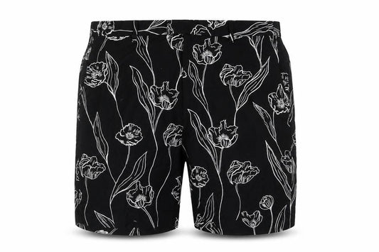 Front view of Autograph men’s black floral polyester chino shorts, size 40, in, 7-inch leg regular zip