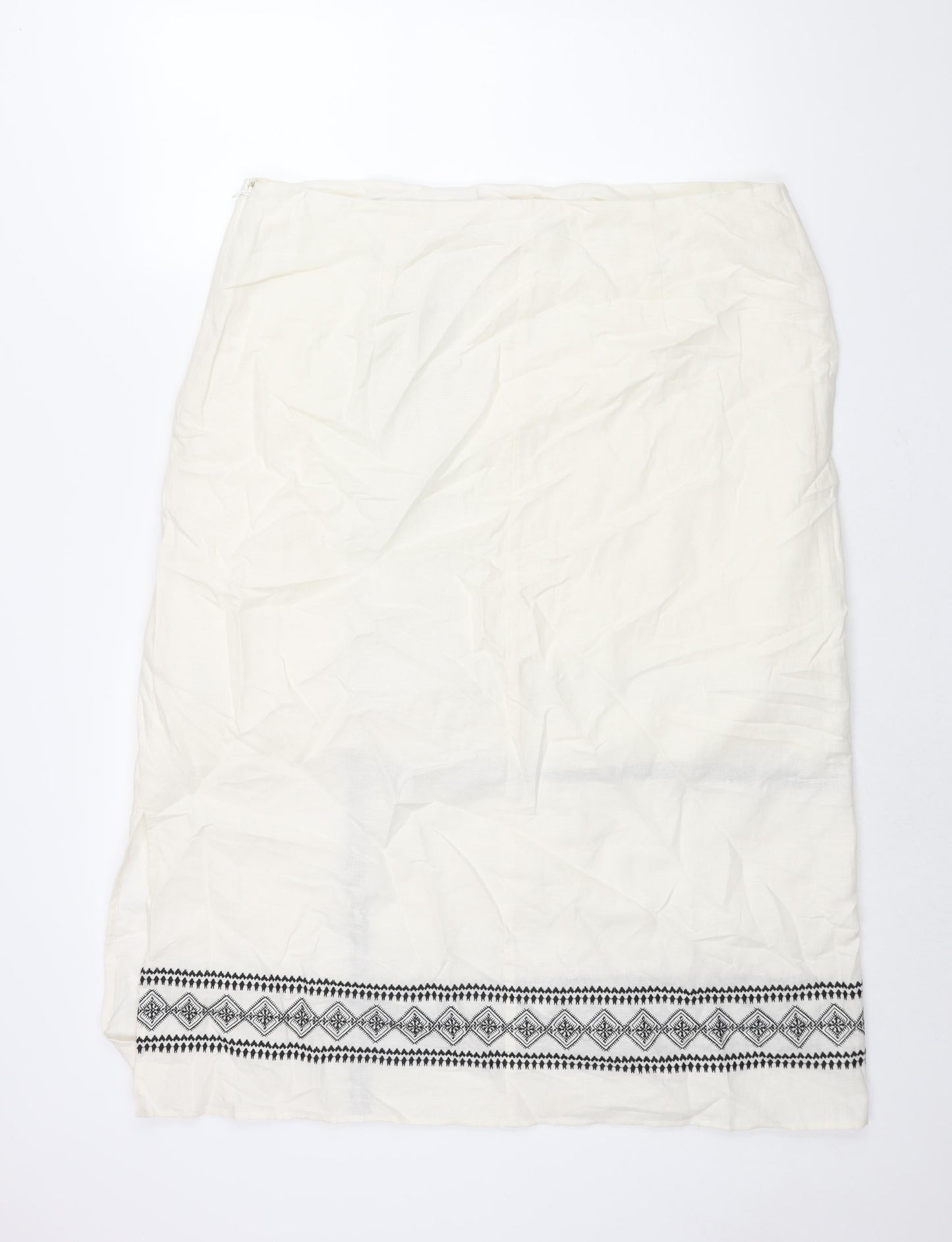 Marks and Spencer Womens Ivory Cotton Straight & Pencil Skirt Size 20 Zip - Embroidered Detail Side Slit