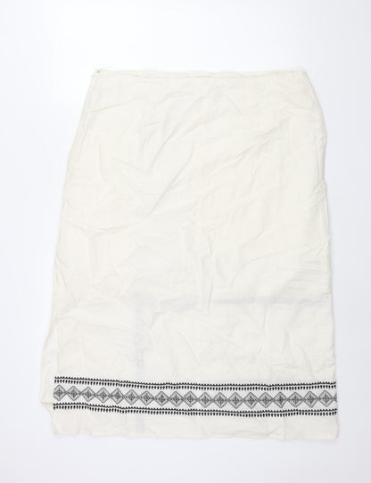 Marks and Spencer Womens Ivory Cotton Straight & Pencil Skirt Size 20 Zip - Embroidered Detail Side Slit