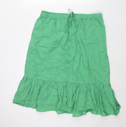 Marks and Spencer Womens Green Cotton A-Line Skirt Size 18 Drawstring - Frill Button Detail