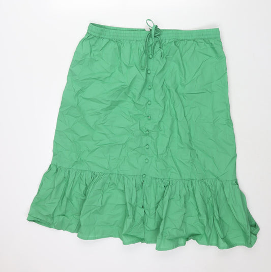 Marks and Spencer Womens Green Cotton A-Line Skirt Size 18 Drawstring - Frill Button Detail