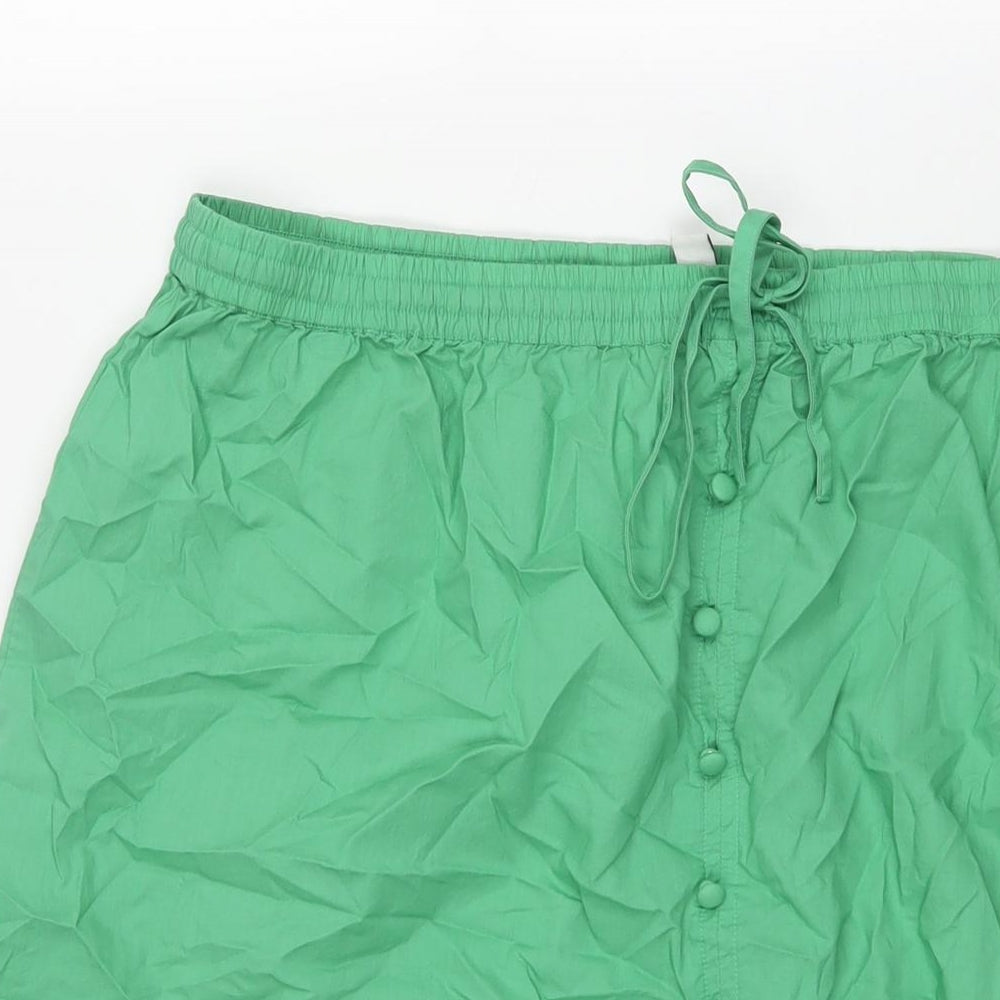 Marks and Spencer Womens Green Cotton A-Line Skirt Size 18 Drawstring - Frill Button Detail