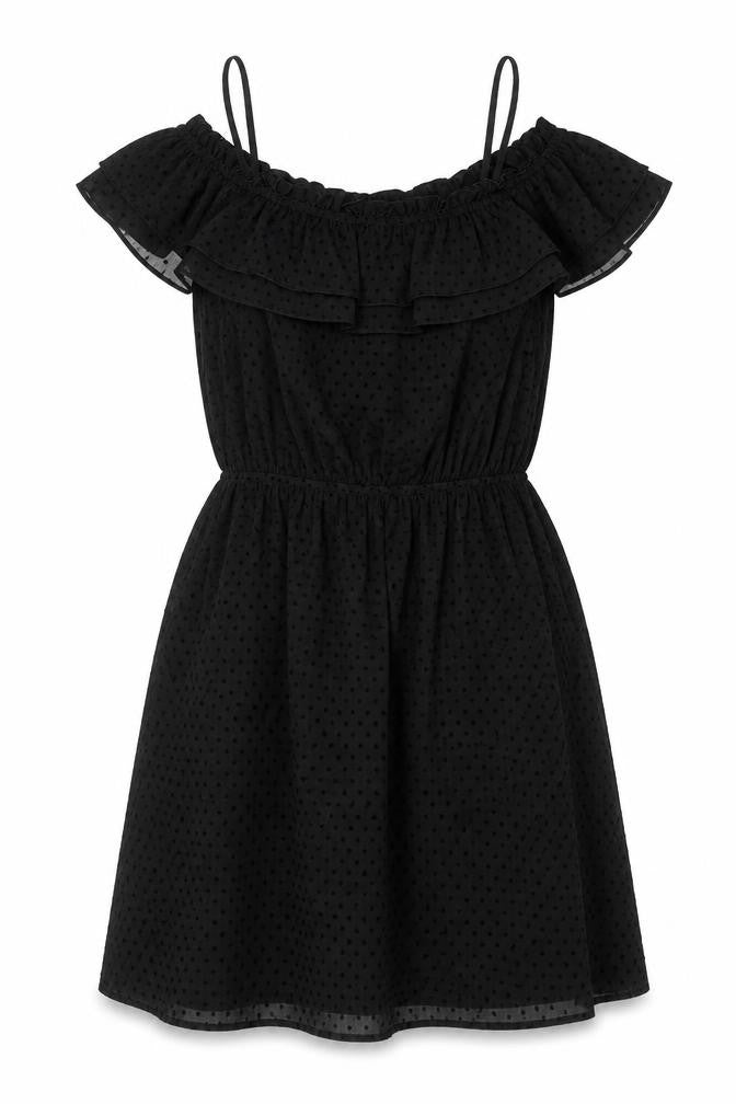 H&M Womens Black Polka Dot Polyester A-Line Size 8 Boat Neck Pullover - Cold Shoulder Frill