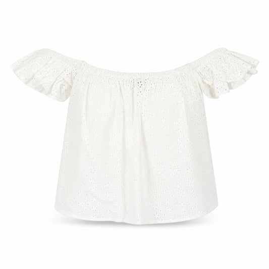 Front view of ASOS women’s white cotton basic blouse, size UK 10, off the shoulder