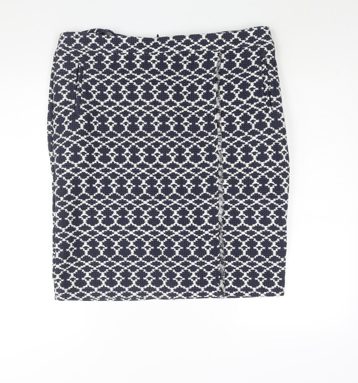 Marks and Spencer Womens Blue Geometric Cotton Straight & Pencil Skirt Size 18 Zip - Raw Edge