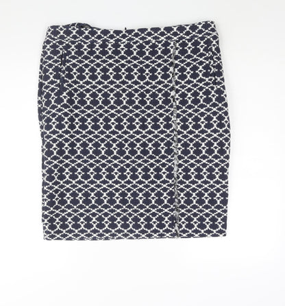 Marks and Spencer Womens Blue Geometric Cotton Straight & Pencil Skirt Size 18 Zip - Raw Edge