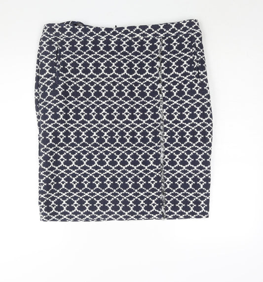 Marks and Spencer Womens Blue Geometric Cotton Straight & Pencil Skirt Size 18 Zip - Raw Edge