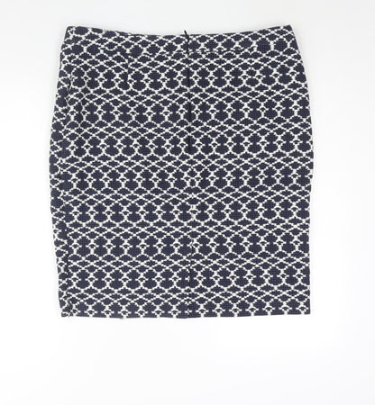 Marks and Spencer Womens Blue Geometric Cotton Straight & Pencil Skirt Size 18 Zip - Raw Edge