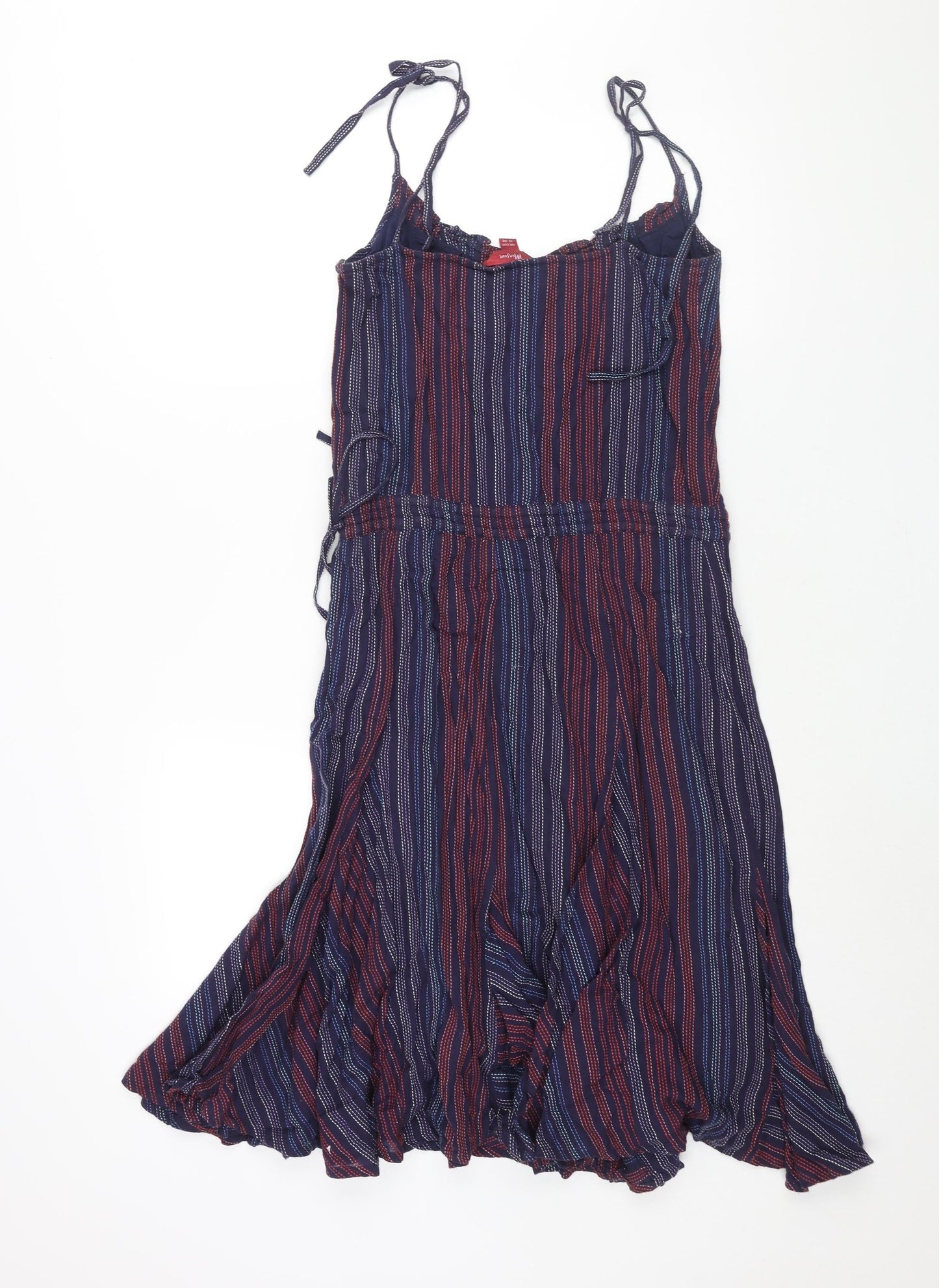 Monsoon Womens Blue Striped Cotton Shift Size 10 V-Neck Zip - Drawstring Tie