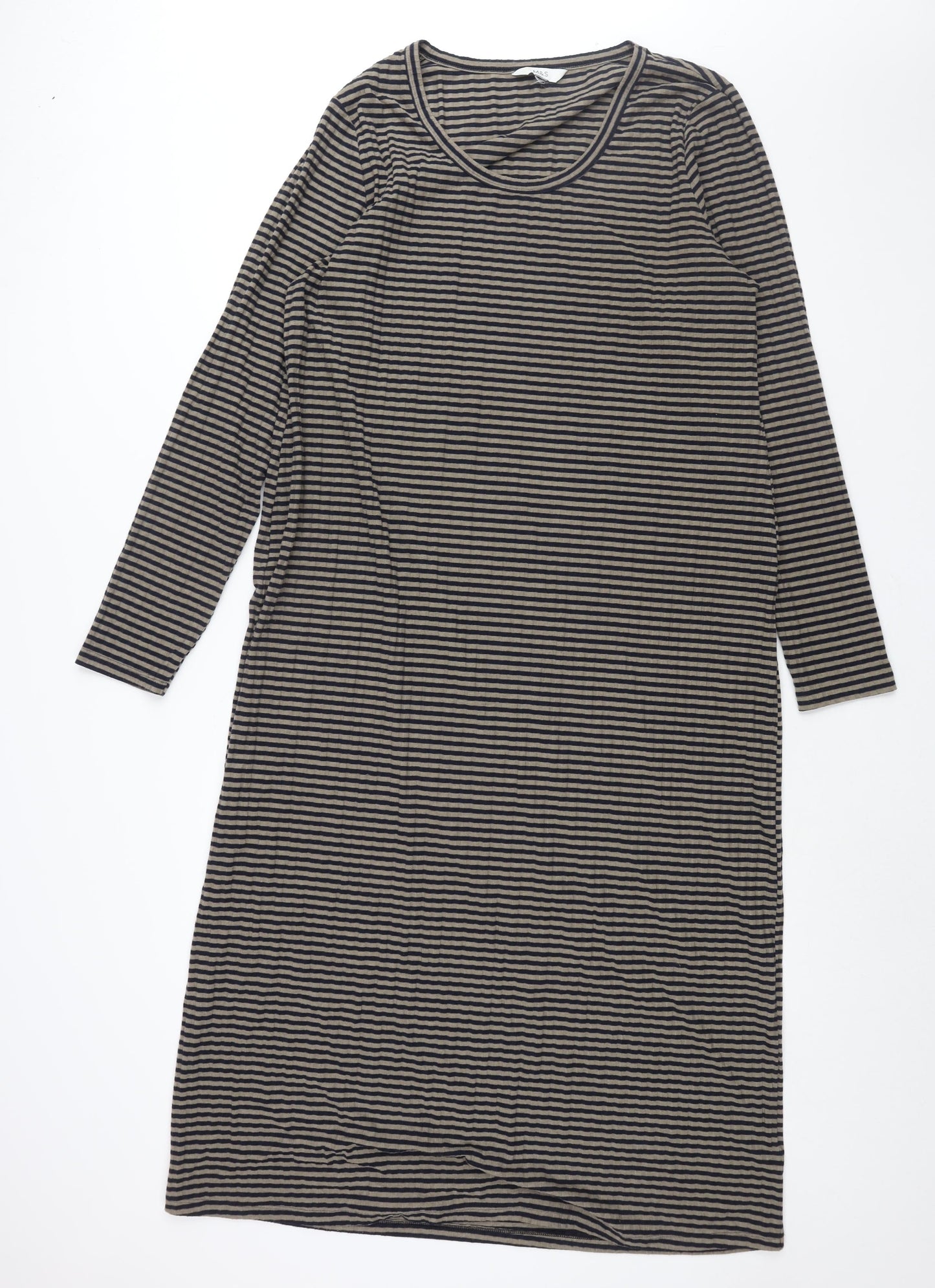 Marks and Spencer Womens Brown Striped Polyester Shift Size 20 Round Neck Pullover