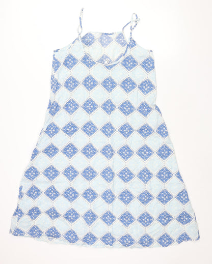 AND/OR Womens Blue Geometric Cotton Shift Size 10 Scoop Neck Pullover