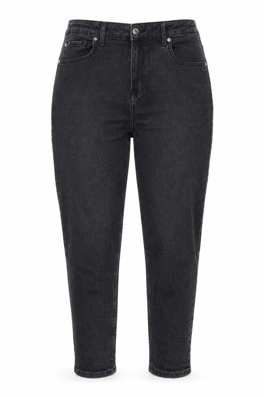 Front view of Denim & Co. women’s grey cotton tapered jeans, size UK 14, 27-inch leg regular zip