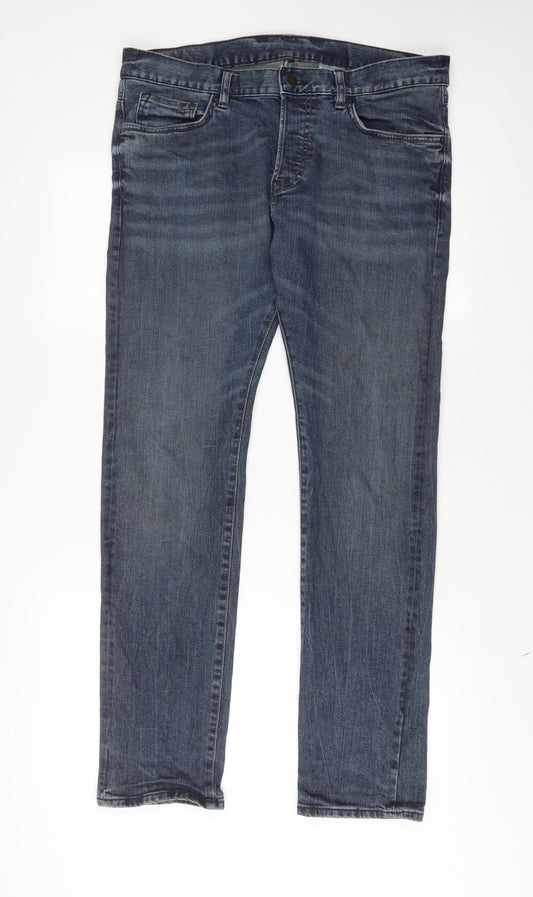 H&M Mens Blue Cotton Straight Jeans Size 34 in L32 in Slim Button