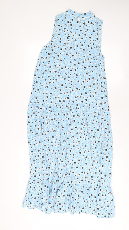 Topshop Womens Blue Floral Viscose A-Line Size 10 Round Neck Button