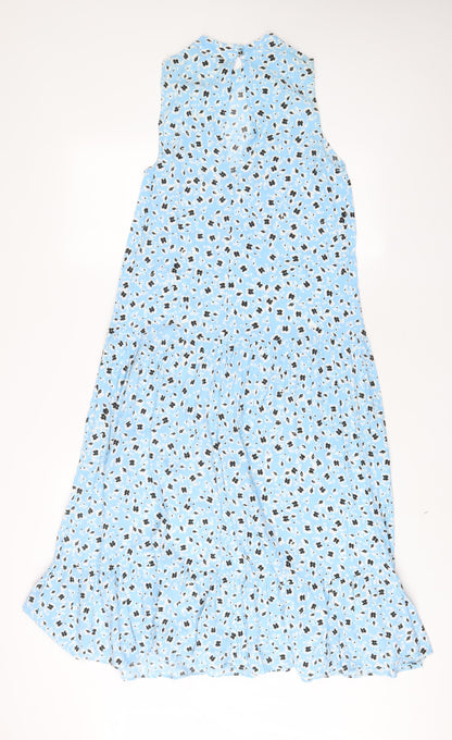 Topshop Womens Blue Floral Viscose A-Line Size 10 Round Neck Button