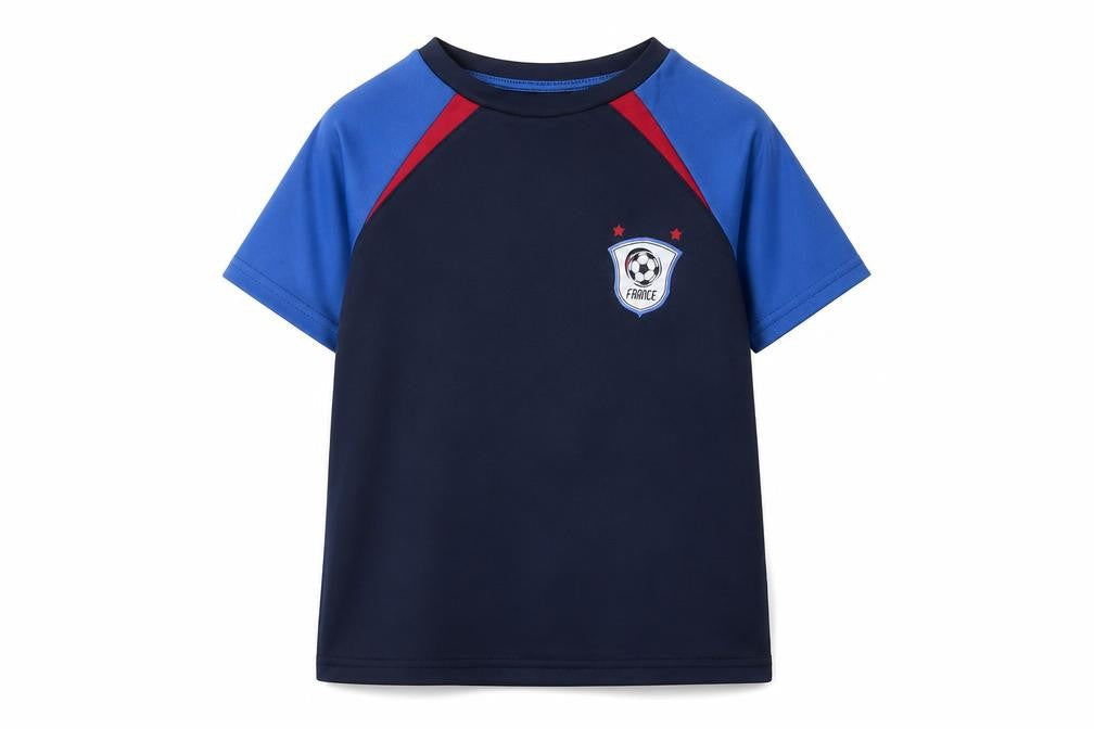Front view of Dunnes boys’ blue polyester basic t-shirt, size 9-10, years crew neck pullover - france