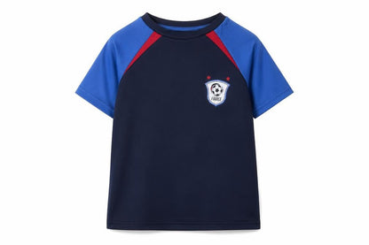 Front view of Dunnes boys’ blue polyester basic t-shirt, size 9-10, years crew neck pullover - france