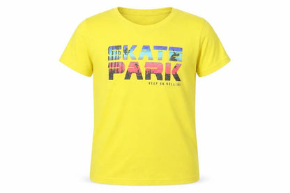 Front view of Dunnes boys’ yellow cotton basic t-shirt, size 9, years crew neck pullover - skate park