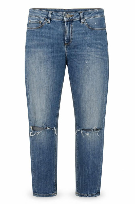 Front view of ASOS women’s blue cotton straight jeans, size UK 28, in, 28-inch leg regular zip