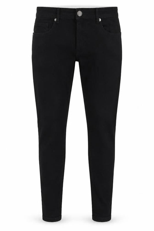 Front view of Denim & Co. men’s black cotton skinny jeans, size 32, in, 30-inch leg regular zip