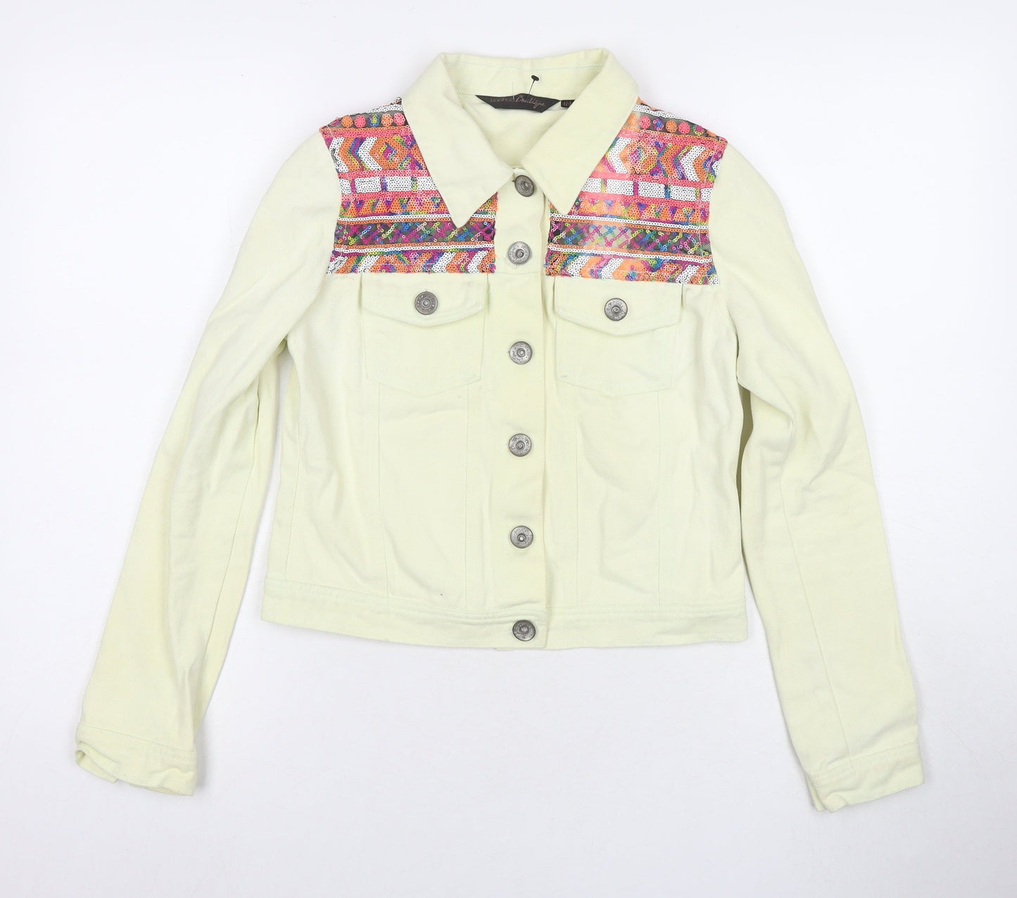 Boohoo Womens Yellow Geometric Jacket Size 8 Button - Sequin Detail