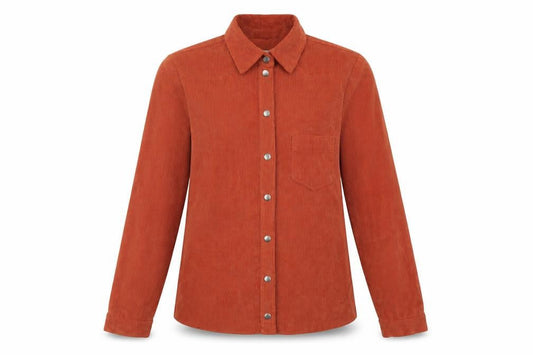 Front view of Cooperative women’s orange polyester basic button-up, size XS, collared