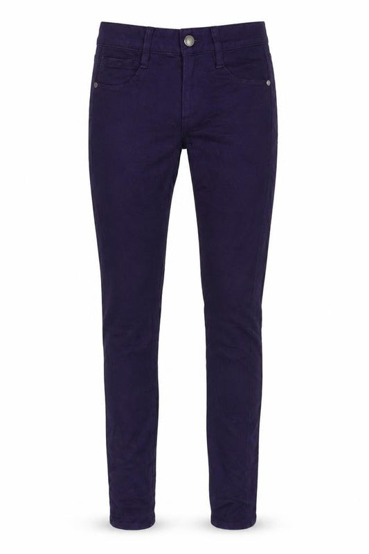 Front view of FC Jeans women’s purple cotton blend tapered jeans, size UK 6, 31.5-inch leg regular zip