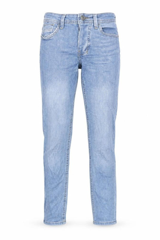 Front view of Denim & Co. women’s blue cotton blend tapered jeans, size UK 28, in, 27.5-inch leg regular button