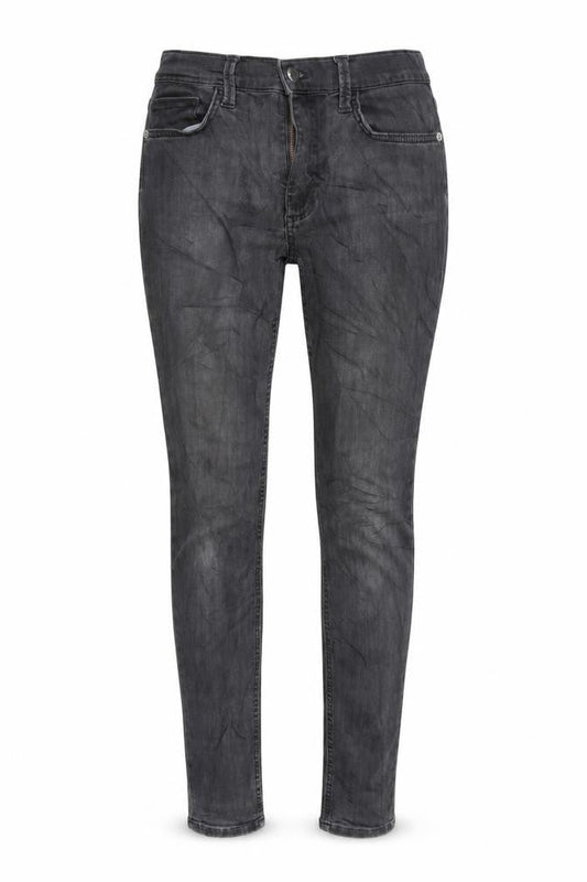Front view of French Connection women’s grey cotton blend tapered jeans, size UK 10, 28-inch leg regular zip