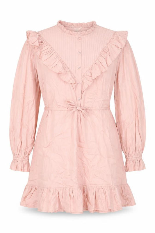 Front view of Miss Selfridge women’s pink lyocell shift, size UK 14, round neck button