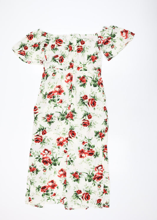 Topshop Womens White Floral Viscose A-Line Size 8 Sweetheart Zip