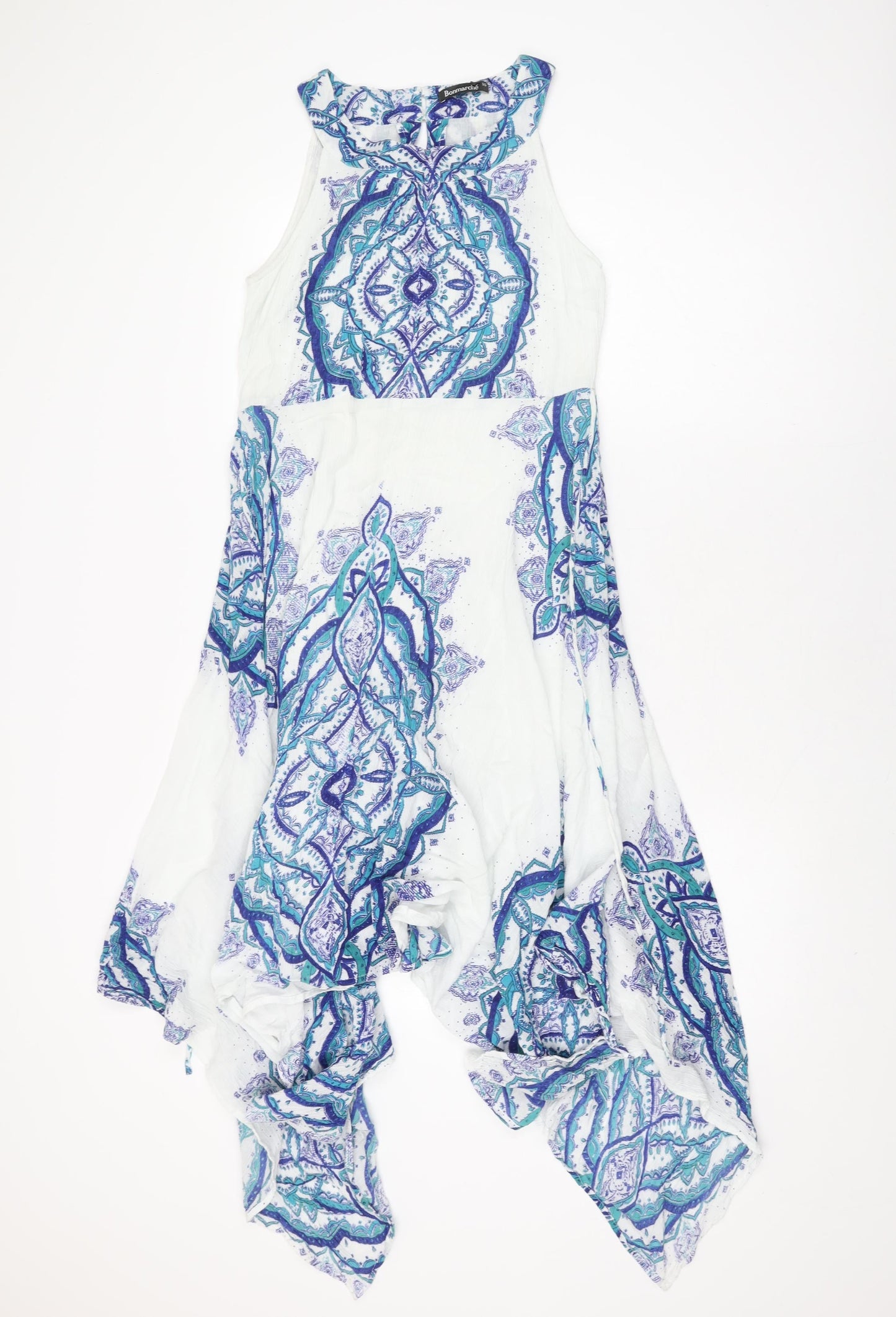 Bonmarché Womens White Geometric Viscose A-Line Size 10 Round Neck Button