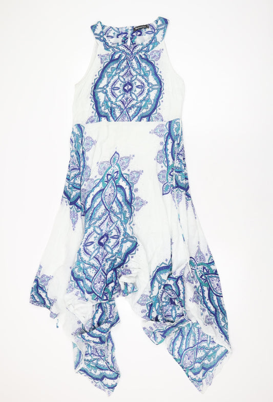 Bonmarché Womens White Geometric Viscose A-Line Size 10 Round Neck Button