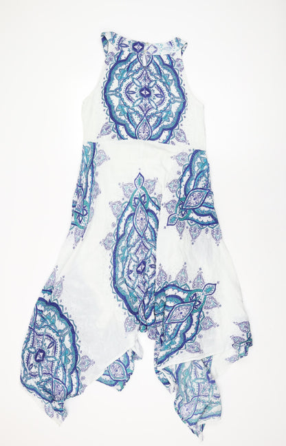 Bonmarché Womens White Geometric Viscose A-Line Size 10 Round Neck Button